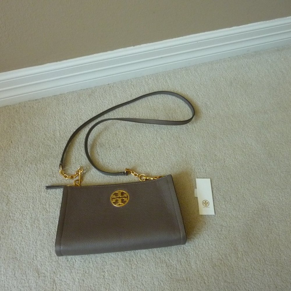 TORY BURCH Logo 'Carson' Silver Maple Leather Crossbody Bag (NEW)